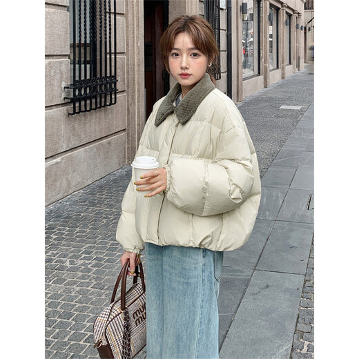 TonLion 2025 Winter Women's Contrast Color Corduroy Collar Ultra Short Down Jacket Soft American Bread Jacket