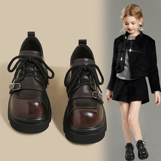 SHULION Girls' Leather Shoes 2026 Spring New Medium and Large Children's Non-Slip Soft Sole Girls Campus Princess Shoes British Style Loafers Black 38 Shoe Inner Length 24.0 cm (One Size Larger)