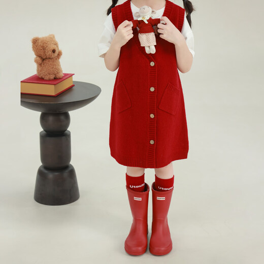 UTOUTO Big Ear Elephant Girls Pocket Sweater Vest Skirt 2026 Spring Pure Wool Knitted Sleeveless Skirt 2613033 New Year Red 100
