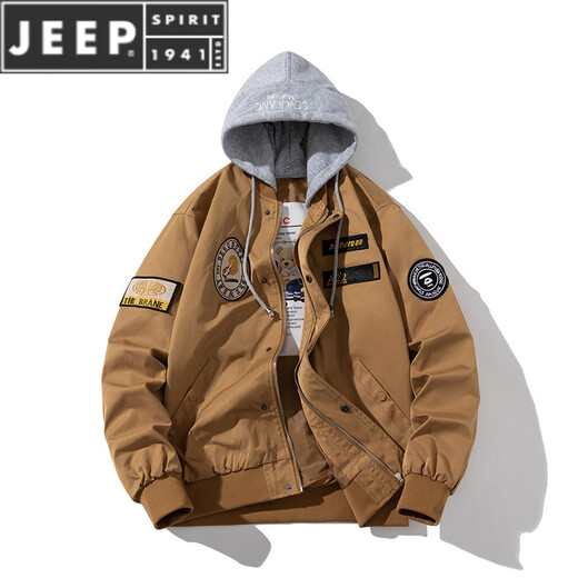 JEEP SPIRITnasa autumn and winter American retro loose baseball uniform bomber jacket men and women couples thickened cotton coat yellow brown (spring and autumn thin style) hooded removable S (80-100Jin Jin equals 0.5 kg)