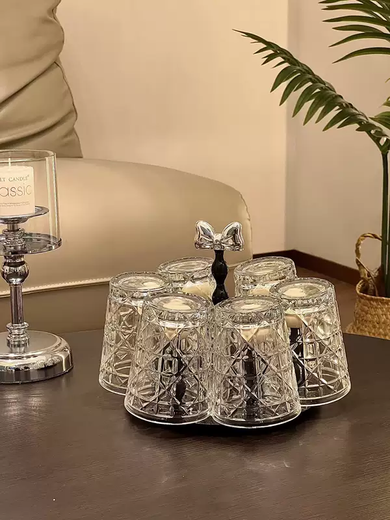 Yusenyi Bow Rotating Glass Cup Holder Water Cup Set Home High Temperature Resistant 2023 New Light Luxury Transparent Juice Cup 6 Cups with Rotating Cup Holder Cream Silver