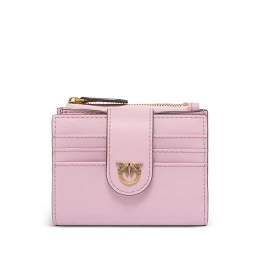 PINKO women's card holder, portable storage, ID storage, coin compartment, pink leather metal buckle, pink, one size fits all