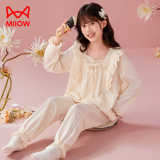 MiiOW children's pajamas girls pure cotton long-sleeved spring, autumn and winter palace-style big children's and girls' home wear suits with chest pads 44300# ice blue 170 size 12 (recommended height 115-125CM. Weight 50Jin Jin is equal to about 0.5 kg