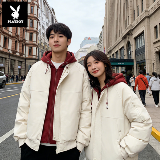 Playboy (PLAYBOY) fake two-piece contrasting color cotton coat for men and women, couple model, winter warm jacket, men's cotton jacket, loose casual bread coat, off-white L