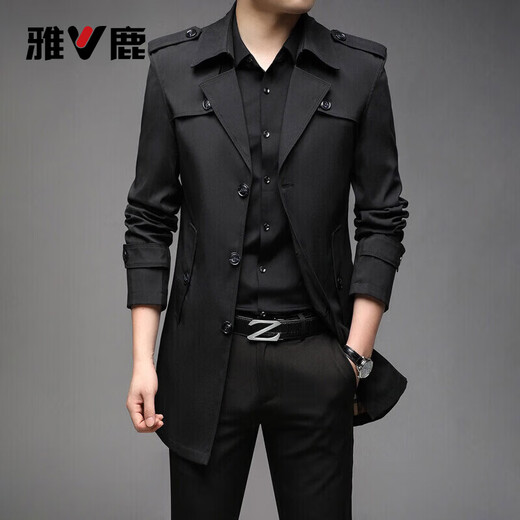 Yalu mid-length windbreaker men's lapel spring and autumn new loose business casual middle-aged cotton windproof coat jacket for men 8808 black 4XL about 175-190Jin Jin equals 0.5 kg