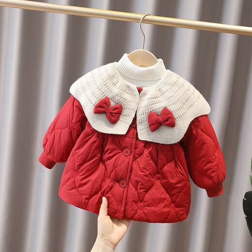 Tongtai Beikang baby winter cotton coat girls winter clothing plus velvet cotton jacket baby one year old red coat New Year's greetings outfit outing cotton coat pink 80 cm
