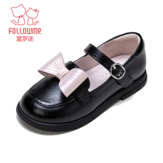 Fuluo Mi Girls Leather Shoes Spring New Sweet Bow Princess Shoes Little Girls Soft Sole Lightweight Loafers Black 30