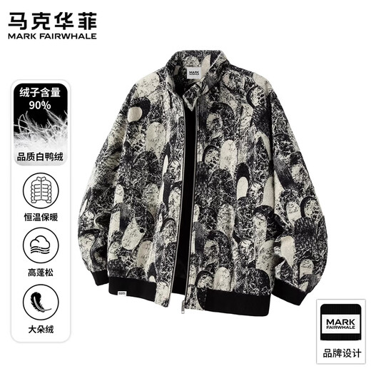 MARK FAIRWHALE Ретро модный повседневный пуховик с воротником-стойкой, мужской весенний 2026, новый модный брендовый дизайн, жаккардовый топ с полным принтом, черный цвет + черный цвет, скидка, две вещи, M рекомендуется 90-115 Jin Jin равен 0,5 кг