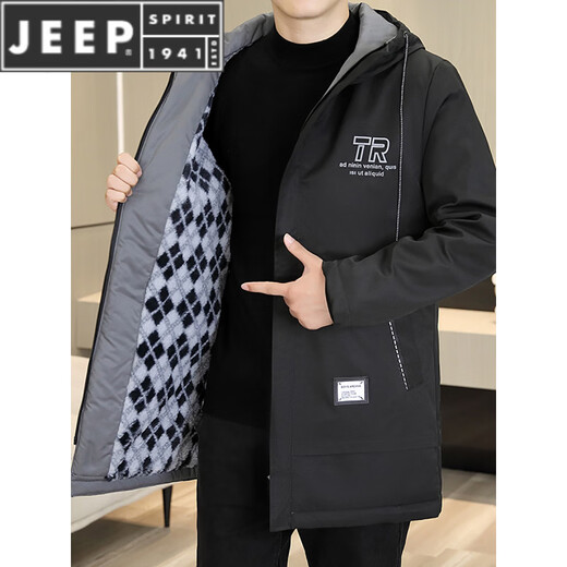 JEEP SPIRIT autumn and winter mid-length windbreaker men's hooded plus velvet thickened parka cotton clothing trendy handsome casual jacket Khaki M