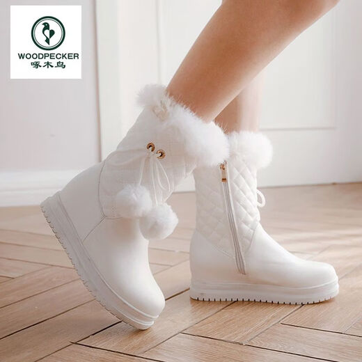 Woodpecker 2025 New Sweet Student Short Boots Women's Winter Thickened Anti-Slip Cotton Shoes Women's Velvet Warm Mid-calf Snow Boots Women's White (Plus Thick Velvet) Free Socks 37