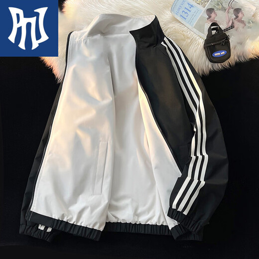 PNJ Jacket Men's Spring and Autumn Thin Youth Reversible Stand Collar Outdoor Sports Versatile Jacket Khaki L