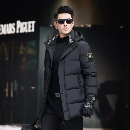 GUSKI luxury high-end brand down jacket men's winter new mid-length hooded white duck down warm casual jacket black - exquisite gift box M