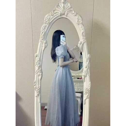Aoyou's new silver-gray fugitive princess evening dress, feminine niche temperament banquet super fairy performance costume, silver-gray XS