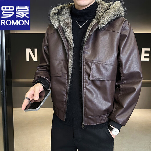 ROMON fur one-piece jacket men's winter trendy hooded new velvet thickened loose mountain carving leather jacket men's black XL