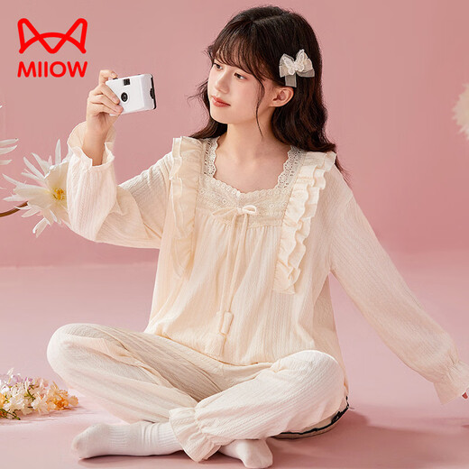 MiiOW children's pajamas girls pure cotton long-sleeved spring, autumn and winter palace-style big children's and girls' home wear suits with chest pads 44300# ice blue 170 size 12 (recommended height 115-125CM. Weight 50Jin Jin is equal to about 0.5 kg