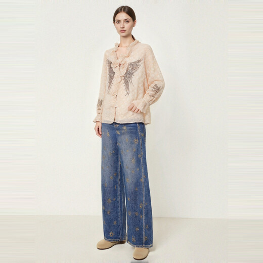 TCH fungus shirt for women 26 years early spring fashion angel wings hot diamond versatile temperament rich style top beige S 95-110Jin Jin is equal to 0.5 kg