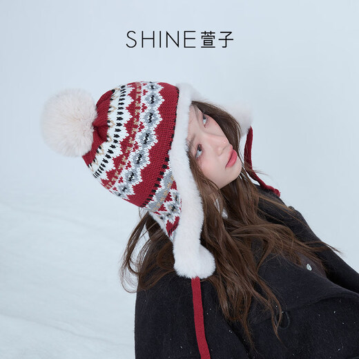 Xuanzi (SHINE) Qiqijiang exclusive SHINE Xuanzi jewelry knitted Fair Isle series plush hat fur ball beanie red M (56-58cm)