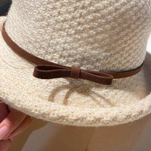 Woodpecker (TUCANO) bow-knot top hat for women in autumn and winter, versatile Japanese-style sunshade hat, rolled edge knitted woolen hat, fashionable face, millet white M (56-58cm)