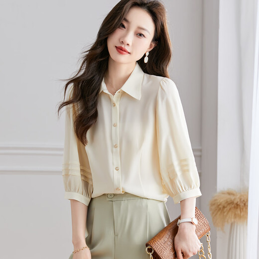 Shexi (Srcr) 100% mulberry silk European style lantern sleeve silk shirt women's spring and autumn fashion high-end top