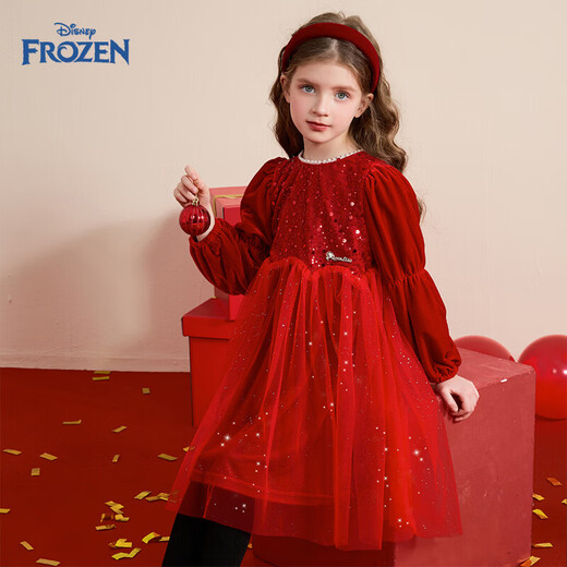 Disney (Disney) Girls Red Dress Winter New Children's Christmas Dress New Year Dress Girls Winter Dress Mesh Skirt Red 120