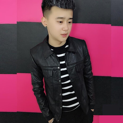 SEPTWOLVES short handsome trendy fashion thickened motorcycle Pu leather jacket social spirit young people slim street lapel clip black plus velvet M 85-110Jin Jin is equal to 0.5 kg