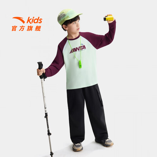 ANTA Children's T-shirt Universal children's clothing 2026 new spring comfortable pure cotton long-sleeved round neck simple versatile pullover spring and autumn long T-shirt sketch green 5401-1 store manager recommended 100 cm children