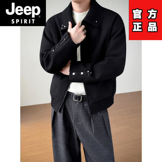 JEEP SPIRIT Korean design woolen jacket men's autumn and winter thickened tops handsome trendy brand lapel woolen jacket black 2XL