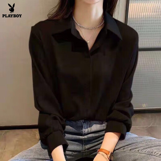 Playboy (PLAYBOY) chiffon shirt for women early autumn 2026 slim fashion design niche top loose layered white shirt base shirt official flagship black long sleeves hidden buttons to prevent exposure hidden buttons encryption 6688# L recommended 90-100Jin Jin equals 0.5 kg