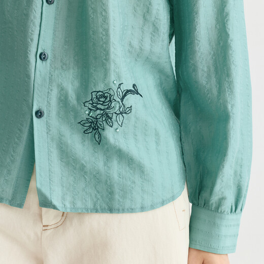 EIN Yan Art Rose Jacquard Lightweight Accordion Stand Collar Long Sleeve Short Shirt Women 2026 Early Spring New Lake Blue S