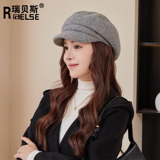 MPPMCK autumn and winter simple solid color beret wool blend warm and comfortable octagonal hat Japanese literary lady painter hat gray one size