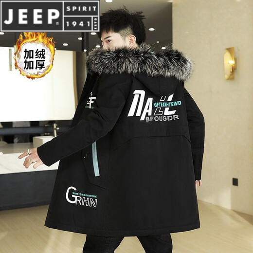 JEEP SPIRIT mid-length windbreaker autumn and winter plus velvet thickened jacket men's simple trendy fashion top winter clothing two-piece set 1/GF plus velvet fur collar-Black M