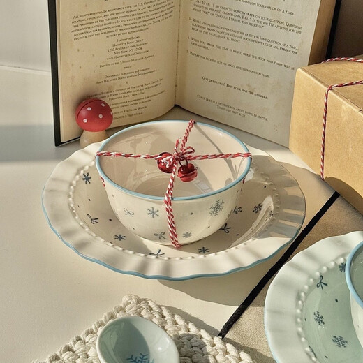 Tuojin ceramic bowl, home tableware for one or two people, good-looking rice bowl, plate, cute instant noodle bowl, especially beautiful bowl, Chuxue sky blue handle bowl - 1 piece