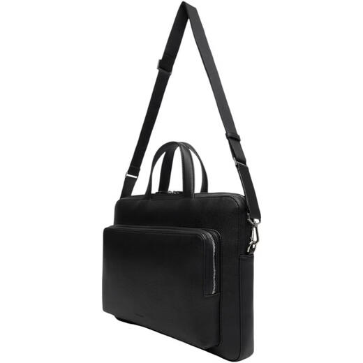 Calvin Klein Jeans men's briefcase large capacity multi-compartment removable shoulder strap front zipper bag black micrograin PU material Black SIZE 1