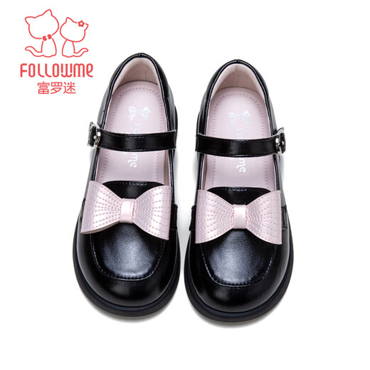 Fuluo Mi Girls Leather Shoes Spring New Sweet Bow Princess Shoes Little Girls Soft Sole Lightweight Loafers Black 30