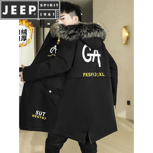 JEEP SPIRIT mid-length windbreaker autumn and winter plus velvet thickened jacket men's simple trendy fashion top winter clothing two-piece set 1/GF plus velvet fur collar-Black M