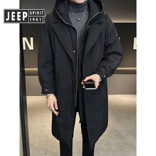 JEEP SPIRIT吉普假两件中长款羽绒服男冬季2025新款高端潮牌时尚个性加厚风衣 军绿色 M 100-130斤