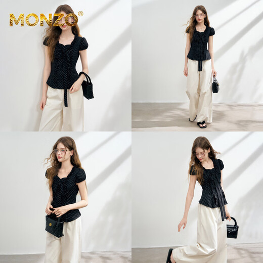 MONZO international high-end brand 2025 summer new pleated tops niche large bow fashion temperament short-sleeved shirt lotus root pink S