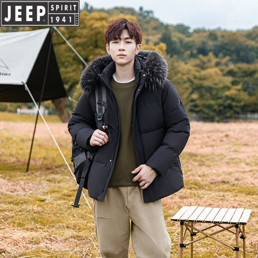 JEEP吉普男士羽绒服短款冬季新款毛领加厚保暖外套休闲宽松防寒服男款 水墨蓝【带毛领】 M