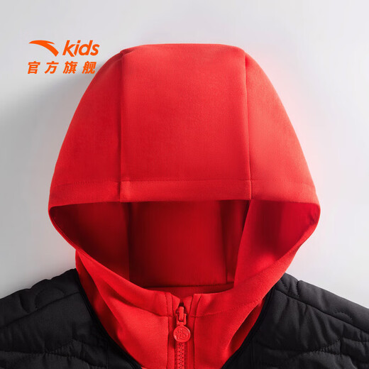 ANTA Children's Boys' and Older Children's Cotton Clothes Red New Year's Clothes 2026 New Year's Eve Warm Middle and Large Children's Hooded Thick Jackets Basic Black-1 140 cm