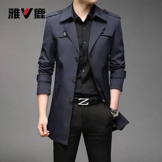 Yalu mid-length windbreaker men's lapel spring and autumn new loose business casual middle-aged cotton windproof coat jacket for men 8808 black 4XL about 175-190Jin Jin equals 0.5 kg