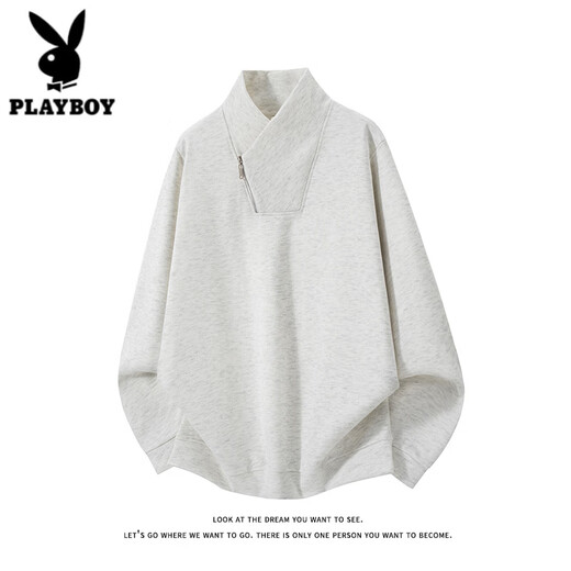 Playboy (PLAYBOY) American diagonal zipper sweatshirt men's spring and autumn velvet design long-sleeved T-shirt heavyweight thickened warm inner top dark gray M