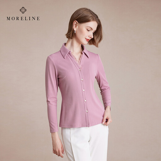 MORELINE Mulan French Elegant V-neck Long Sleeve Shirt Women's 2026 Spring New Simple Age-Reducing Slimming Shirt Mousse Lotus Root Powder M