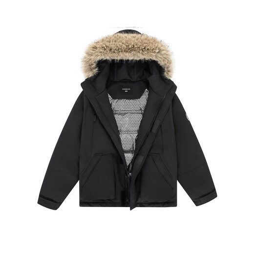 GROUND ZERO couple's large fur collar workwear style design 90 white duck down warm hooded down jacket black L