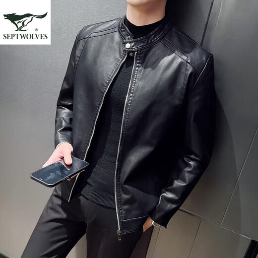 Septwolves Recommended by Yangma Spring and Autumn Thin Stand Collar Simple Large Size Casual Slim Leather Jacket Men's Fashion Velvet Motorcycle PU Black Thin M _Recommended 100-110 Jin Jin equals 0.5 kg