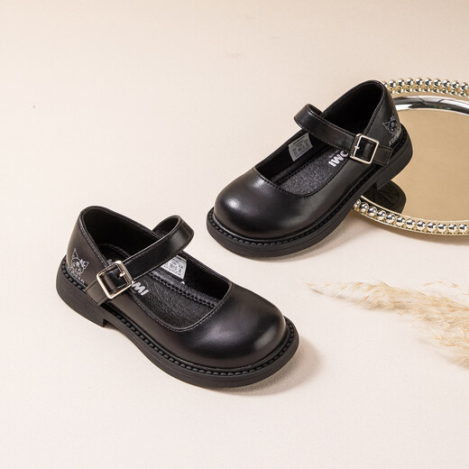 Hello Kitty children's shoes, girls' leather shoes, Kuromi spring princess shoes, British leather shoes, performance soft-soled shoes, Mary Jane shoes, black, size 26, suitable for feet 16.3-17.0cm long