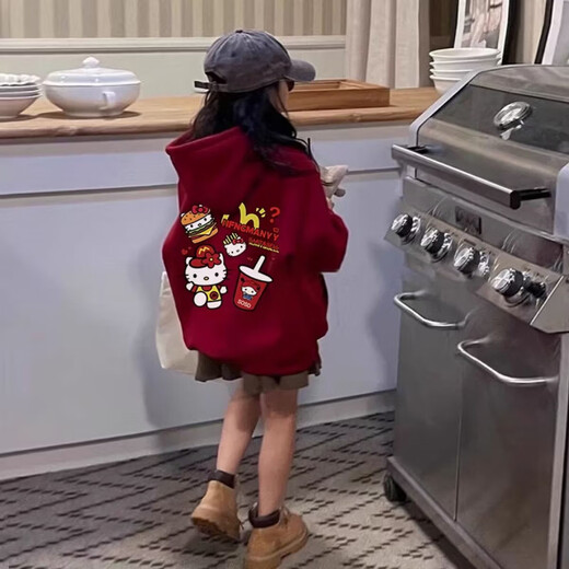 Wooden house red sweatshirt for girls, thickened and velvet, loose children's primary school class uniform, hooded cotton dance hiphop top, hooded burgundy M cat spring and autumn thin style 110 recommended height 100-110CM