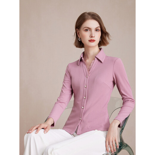 MORELINE Mulan French Elegant V-neck Long Sleeve Shirt Women's 2026 Spring New Simple Age-Reducing Slimming Shirt Mousse Lotus Root Powder M