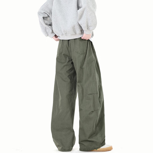 LOMBT Mono retro americano para hombre, pantalones casuales rectos, altos y versátiles, de pierna ancha, de algodón puro, de primavera, LX18, verde militar, L
