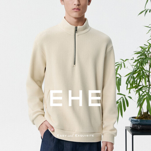 EHE men's air layer pleated three-dimensional texture stand collar zipper drop shoulder fitted sweatshirt men 2026 spring new style beige, S