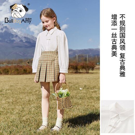 CHANZUIGOU girls' Chinese style long-sleeved shirt 2025 autumn new style children's lapel pearl plate button top middle and large children white 120 cm
